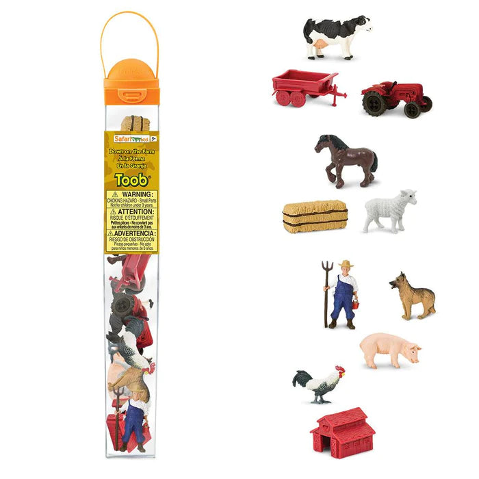 A set of TOOBS® Figurines perfect for a kids' puppet show, all about life Down on the Farm, contained in a plastic bag.