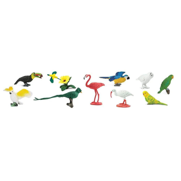 A group of Exotic Birds TOOBS® Figurines on a white background, perfect for kids' puppet shows.