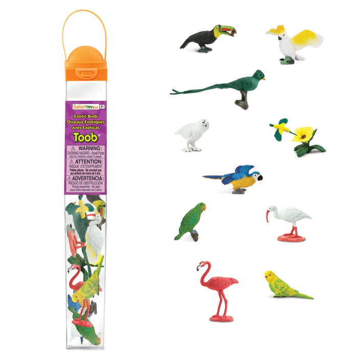 A tube of Exotic Birds figurines perfect for kids' puppet shows.