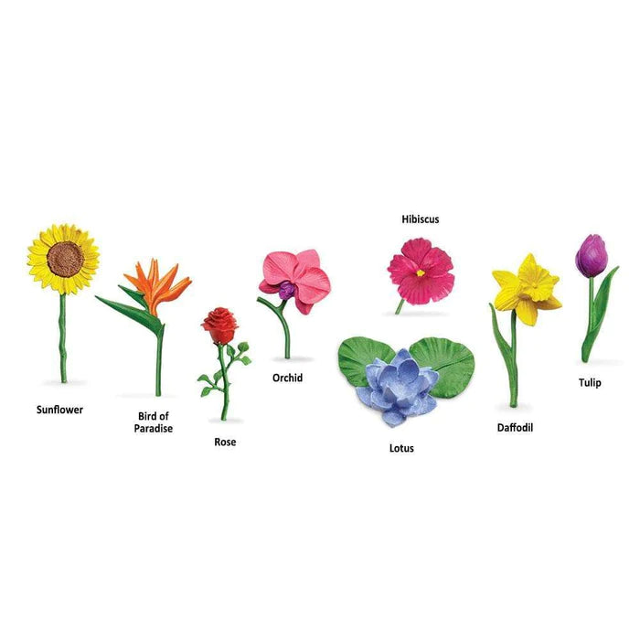 Different types of TOOBS® Figurines showcasing flowers are shown on a white background, perfect for kids.