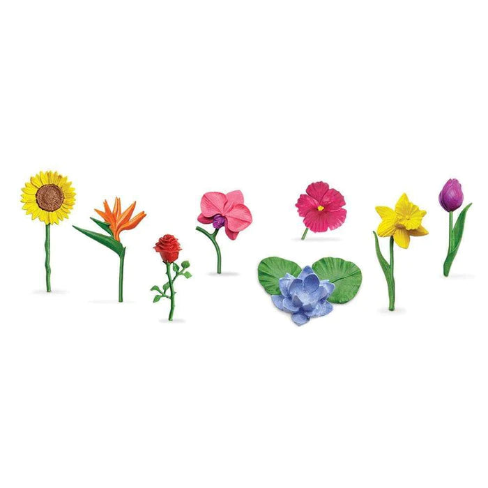 A set of kids' puppet figurines posing as flowers on a white background, perfect for puppet shows.