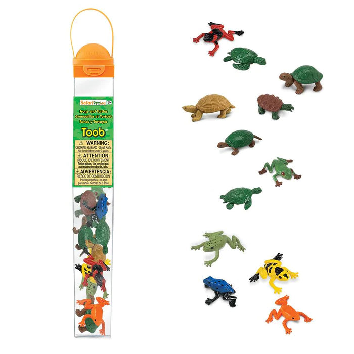 A plastic bag containing a group of TOOBS® Figurines Frogs & Turtles for kids' puppet shows.