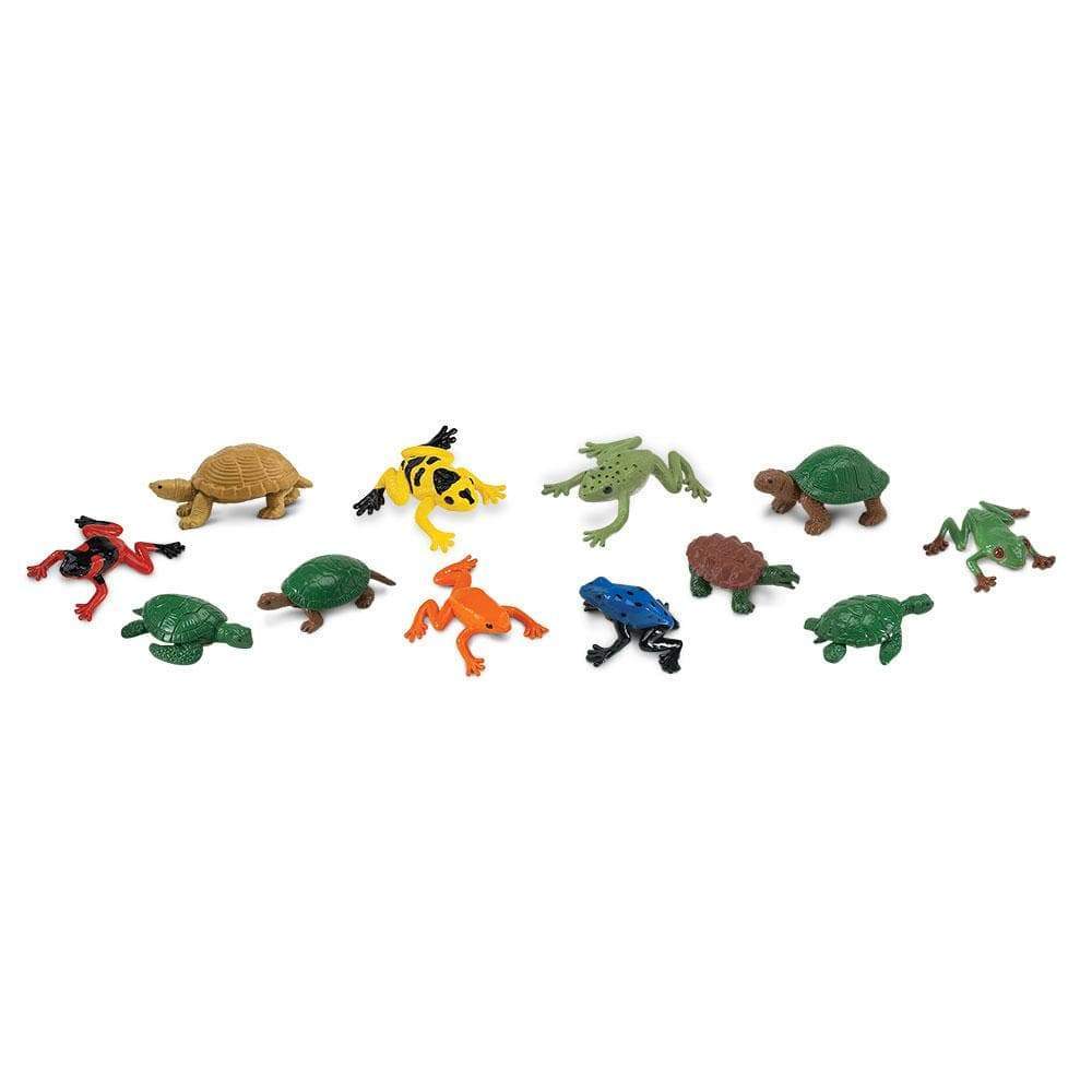 A group of kid-friendly TOOB® Figurines Frogs & Turtles on a white background, perfect for puppet shows.