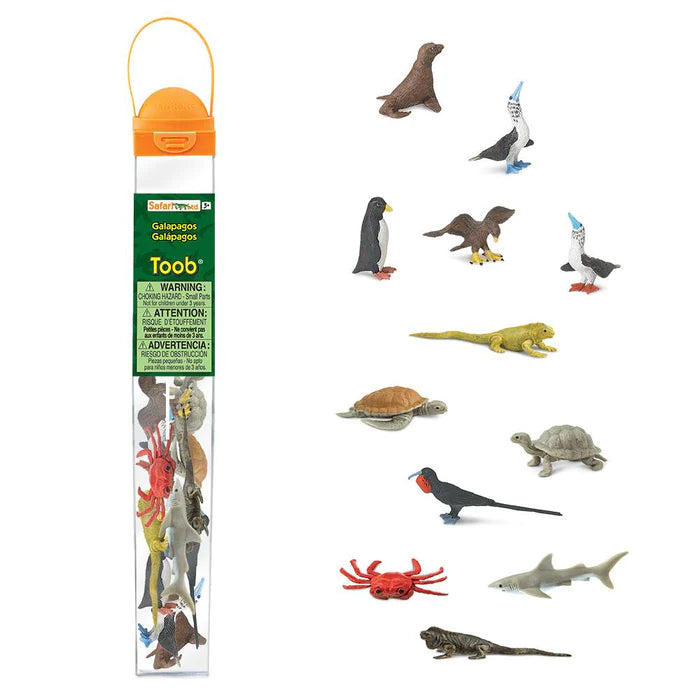A tube of Galapagos figurines for kids.