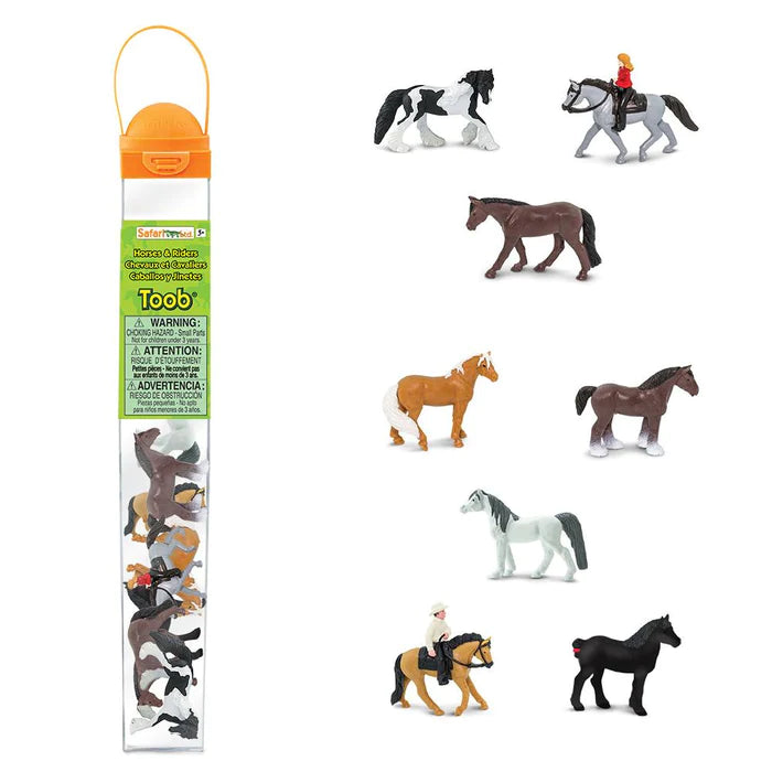 A tube containing a pack of Horses & Riders figurines ideal for kids' puppet shows.