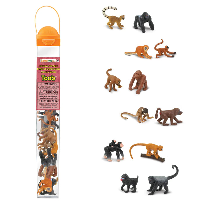 A tube filled with TOOBS® Figurines of Monkeys & Apes, perfect for kids' puppet shows.