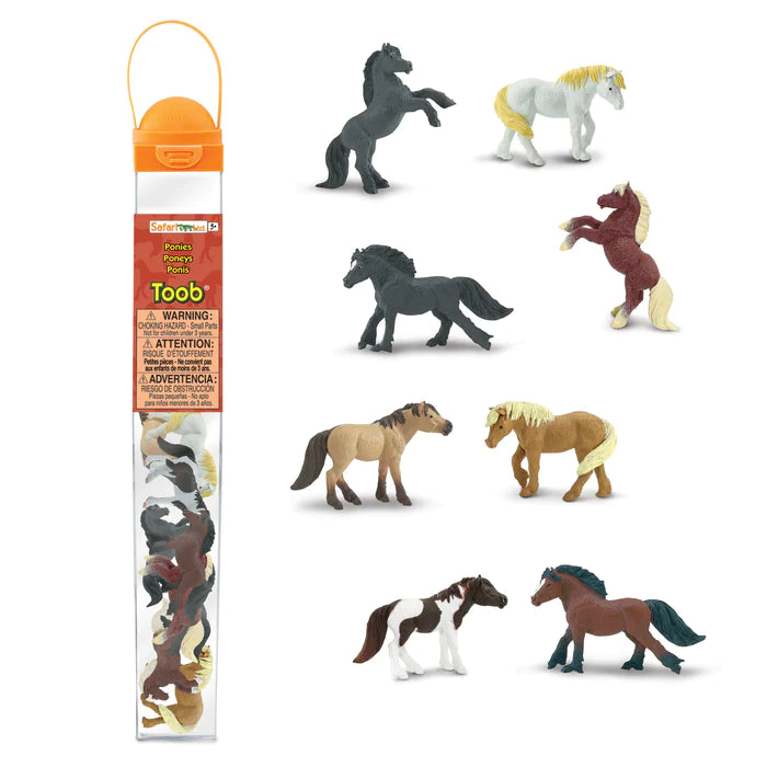 A tube of pony figurines for kids' puppet shows.