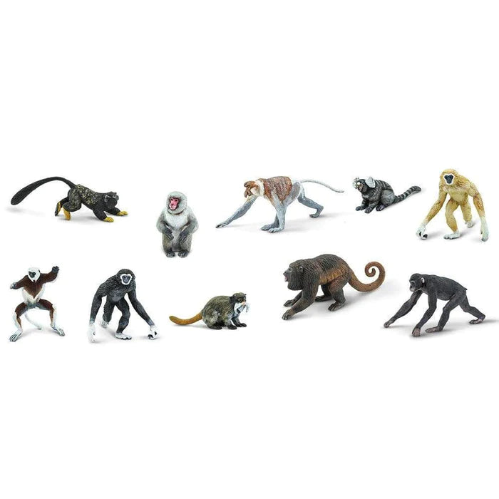 A group of primate puppets from the TOOBS® collection, ready for a puppet show on a white background.