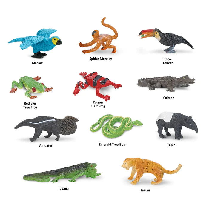 A group of puppet figurines rainforest are shown on a white background, perfect for kids.