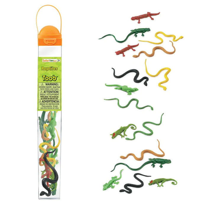A tube pack of kids' reptile figurines for puppet shows.