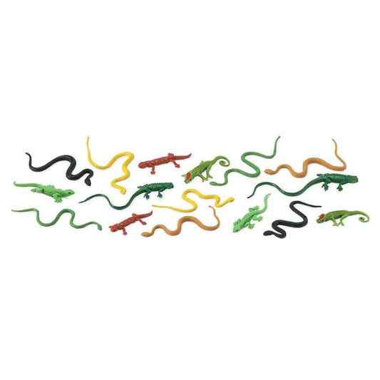 A bulk pack of TOOBS® figurines featuring reptiles on a white background, perfect for kids' puppet shows.