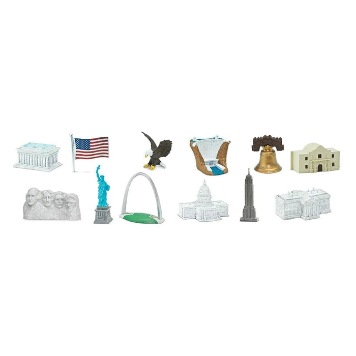 A set of puppet-like TOOB® Figurines depicting iconic landmarks in the United States, perfect for kids to use in a puppet show.