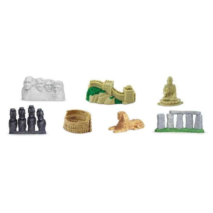 A collection of TOOBS® Figurines depicting World Landmarks for kids to use in puppet shows.