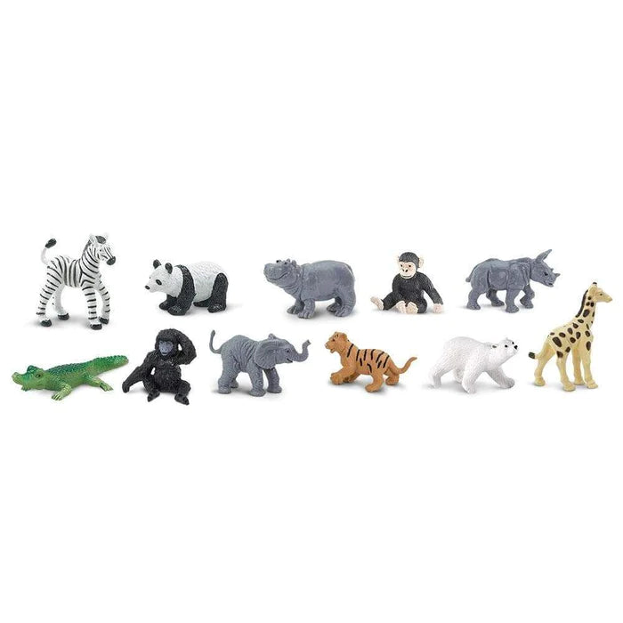 A group of kids' TOOB Figurines Zoo Babies on a white background, perfect for puppet show.