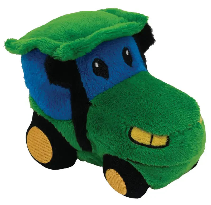The Cute Commutes Tractor Finger Puppet is a soft, green and blue farm tractor with yellow wheels, black details, embroidered eyes, and a friendly smile—ideal for imaginative play.