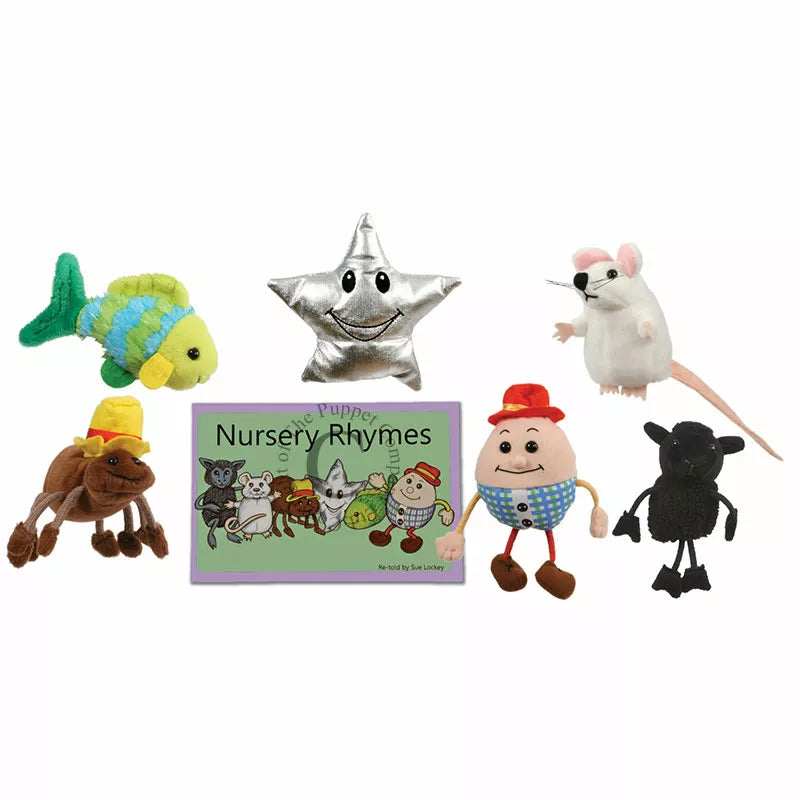 The Puppet Company Finger Puppet Story Set Nursery Rhymes with kids' stuffed animals and puppet show.