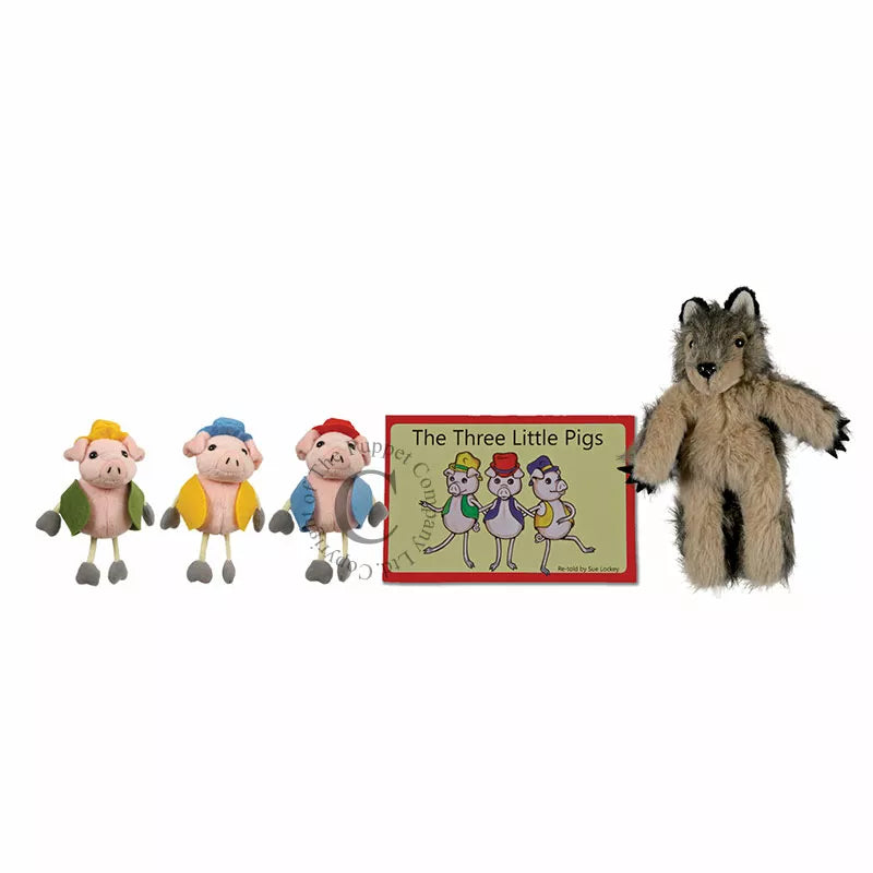A kids' puppet show featuring The Puppet Company Finger Puppet Story Set The Three Little Pigs and a teddy bear sign.