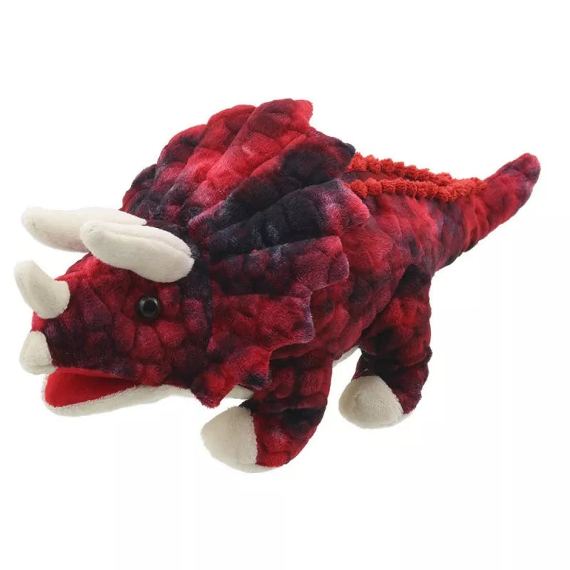 A puppet toy resembling a baby Triceratops for kids' puppet shows, featured against a white background.