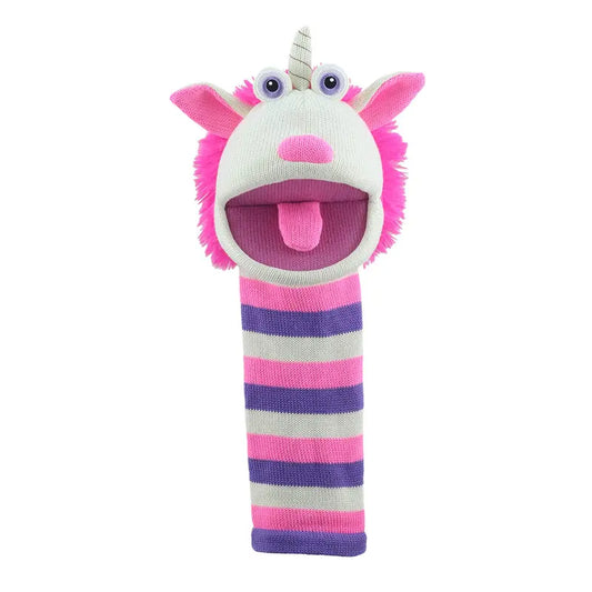 The Puppet Company Sockette Twinkle is a vibrant unicorn hand puppet crafted from recycled materials, featuring googly eyes, a white horn, pink mane and ears, a wide open mouth, and pink, purple, and white striped design.