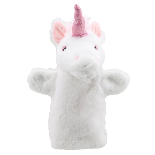 The ECO Puppet Buddies Unicorn Hand Puppet features a plush design resembling a white unicorn, complete with a pink horn, pink ears, and small black eyes. Made from 100% recycled materials, it boasts a furry texture ideal for imaginative play. The puppet is showcased against a plain white background.