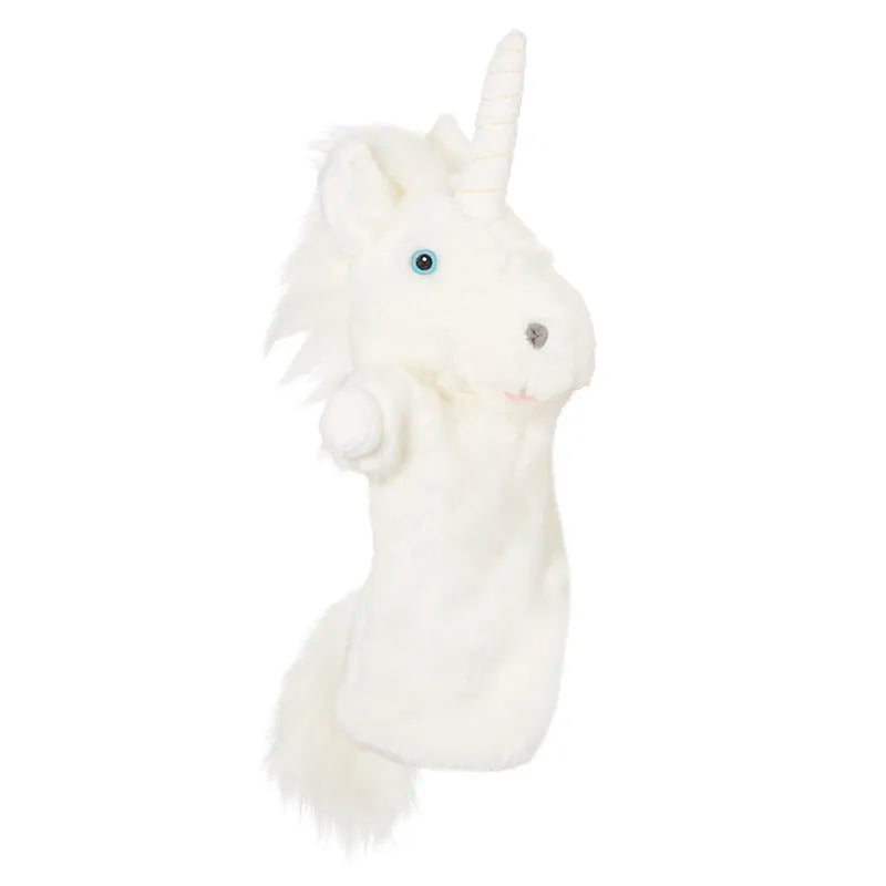 The Puppet Company Long Sleeved Puppet Unicorn is a white unicorn hand puppet featuring a fluffy mane, a single horn on its forehead, blue eyes, and a smiling expression. The puppet appears to be soft and cuddly with detailed features.