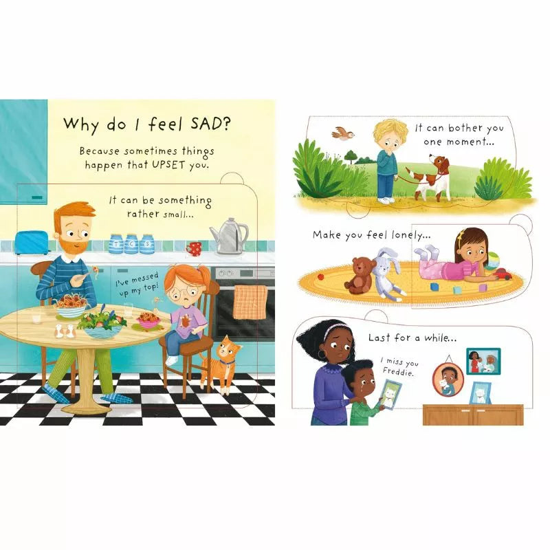 Why do I feel so good? This Usborne Lift-the-flap Very First Questions and Answers: Why do I (sometimes) feel sad? explores various feelings and teaches kids how to cope with sadness.
