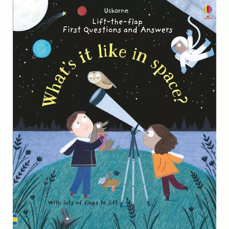 Astronauts explore and document their experiences in space in the Usborne Lift-the-flap First Questions and Answers: What's it like in space?.