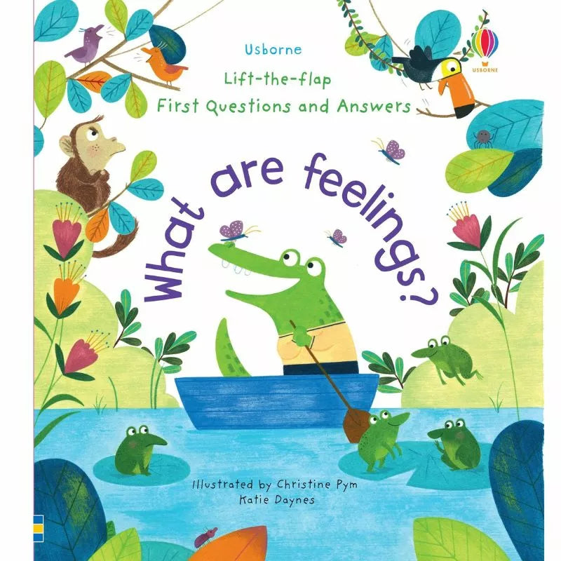 Usborne Lift-the-flap First Questions and Answers explores emotions.