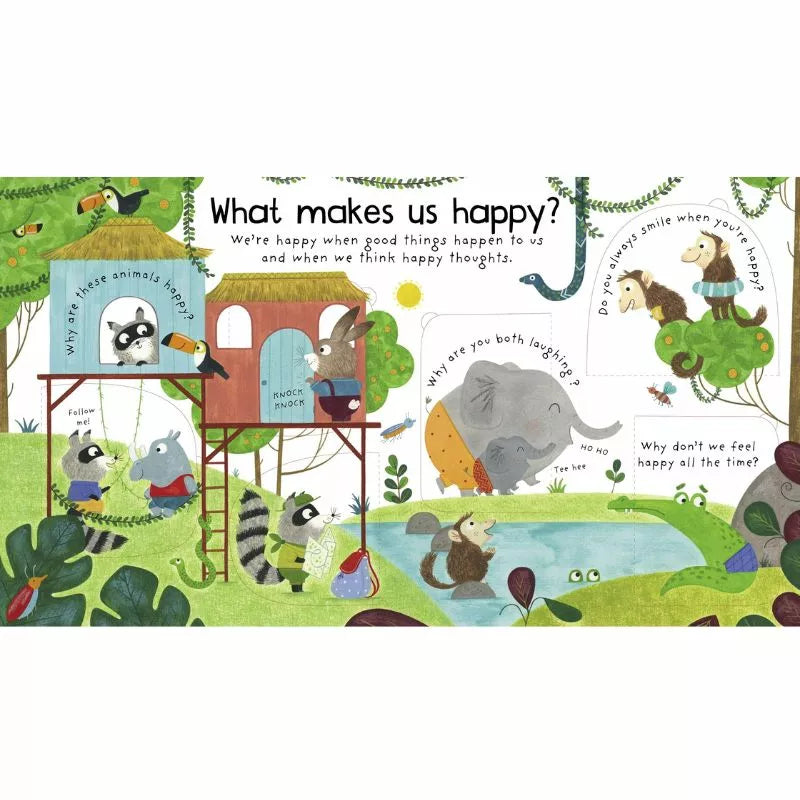 A delightful Usborne Lift-the-flap First Questions and Answers What are feelings? exploring children's emotions and what brings them joy, creating a happy experience for young readers.