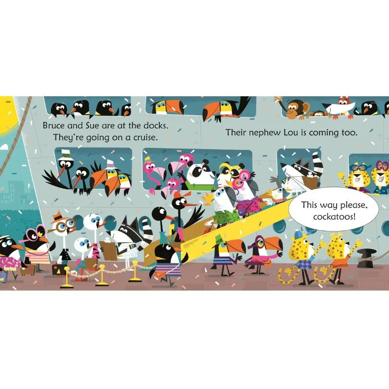 A vibrant illustration shows birds at a dock boarding a cruise ship. Caption reads: "Bruce and Sue are at the docks. They’re going on a cruise. Their nephew Lou is coming too." A bird directs others, saying, "This way please, cockatoos!" Passengers carry luggage and line up. Usborne Phonics Readers: Cockatoos on a Cruise