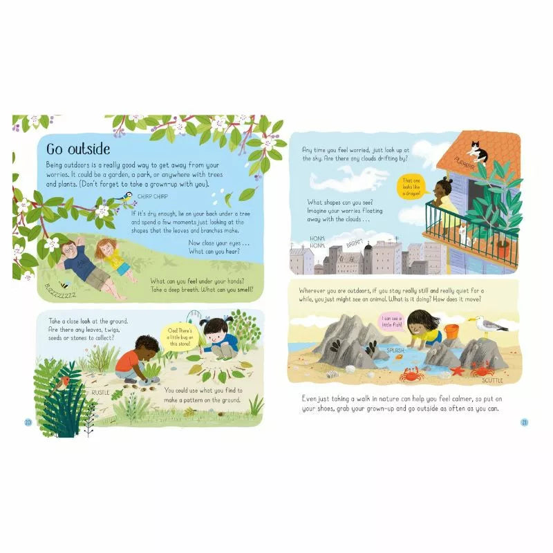 A Usborne All About Worries and Fears featuring illustrations of children playing in the garden with puppets.
