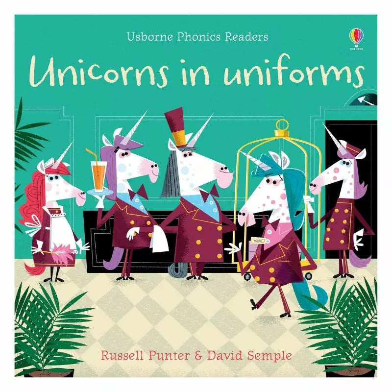 Usborne Phonics Readers featuring puppet show with unicorns in uniforms by David Sample for kids.