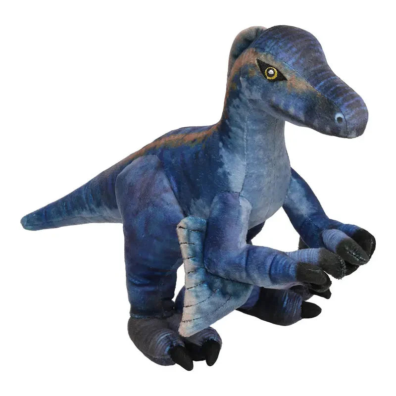 The Natural History Museum Large Velociraptor Soft Toy has blue and dark gray fur, yellow eyes, and black claws—a great addition to any dinosaur plush collection or as a fun gift.