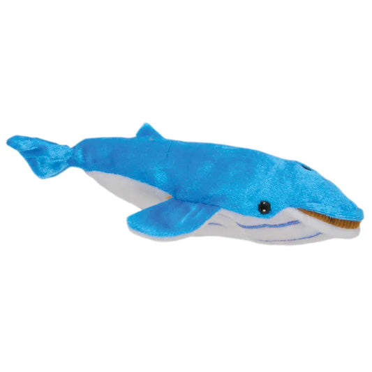 The Puppet Company Blue Whale Finger Puppet lies on its side, ideal for creative play. This blue and white toy has embroidered eyes and mouth with a shiny texture, perfect for endless adventures.