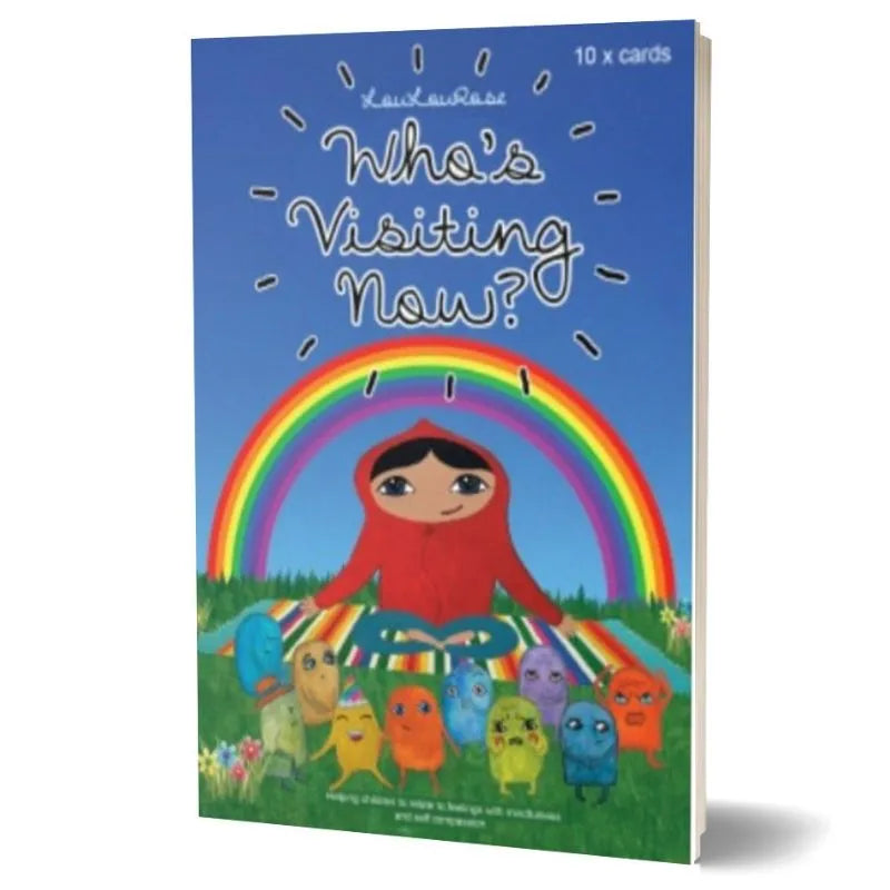 The image shows the cover of a book titled "Who's Visiting Now?" by Kui'ausRos. It features an illustration of a person in a red hooded outfit surrounded by colorful, whimsical characters with a rainbow in the background. Ideal for primary school children, this product includes 10 A6 emotion cards to help children express their feelings.