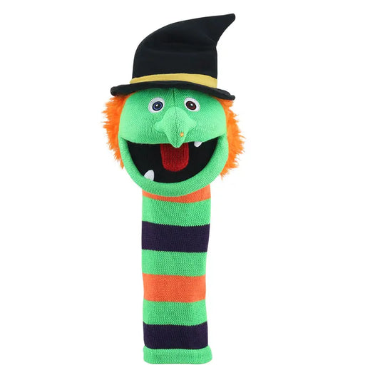 The Puppet Company Sockette Wilma is a green striped hand puppet with an orange mane, pointy nose, big eyes, red tongue, black witch hat, and a wide smile—crafted from eco-friendly recycled materials.