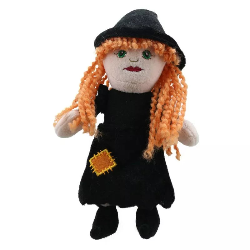 The Puppet Company Kids' Finger Puppet Witch with red hair and a black hat for puppet shows.