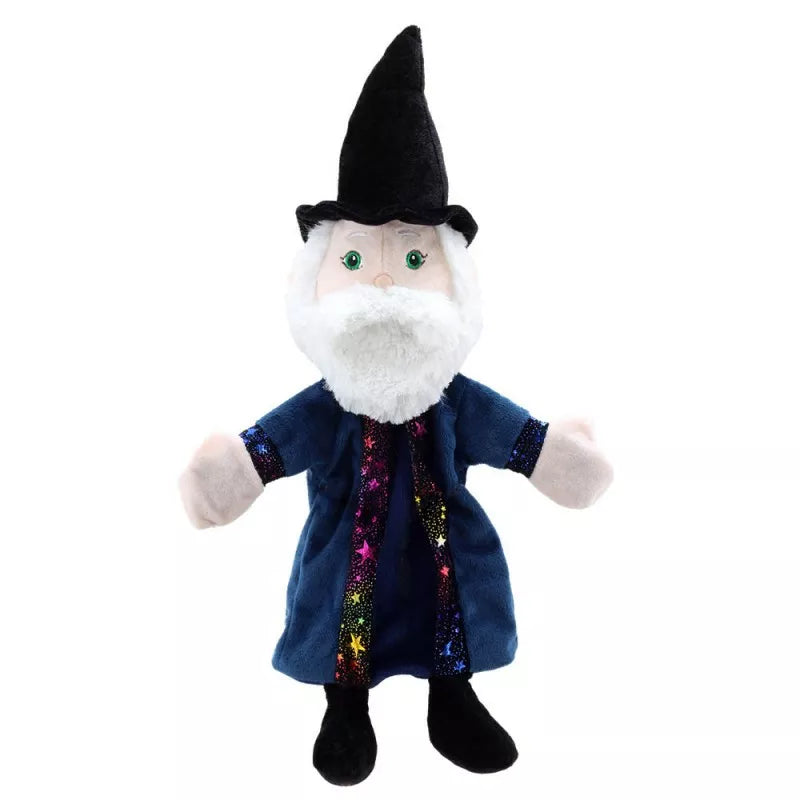 A wizard puppet that enchants kids during puppet shows with its beard and robe.