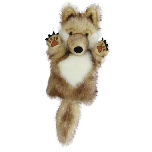 The Puppet Company CarPets Wolf puppet boasts lifelike details like a bushy tail and pointed ears. Its white snout and chest contrast with tan and brown fur, while playful paw pads on the raised front paws make it perfect for imaginative play.