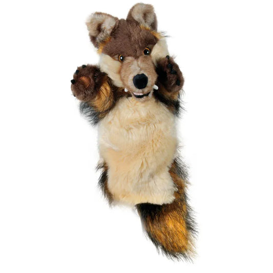 The Puppet Company Long Sleeved Puppet Wolf boasts premium fabrics with brown, black, and cream fur. Its pointy ears, bushy tail, and white fangs are perfect for creative puppet shows as its front paws reach out playfully.