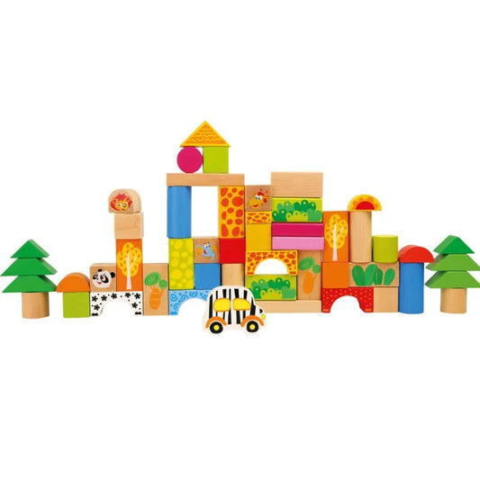 The Wooden Blocks Zoo features a vibrant cityscape of wooden blocks with animal and tree designs, capturing a playful zoo theme. A toy taxi enhances the scene, while diverse shapes and patterns boost fine-motor skills.