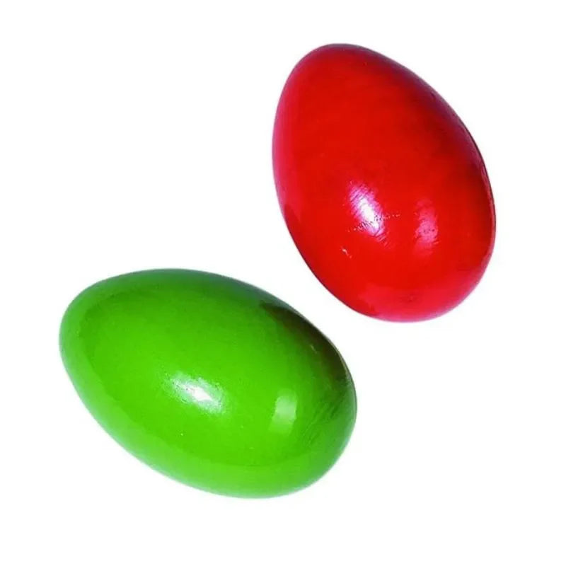 Two Egg Shaker Red & Green maracas with a shiny surface, resembling vivid wooden eggs, are set against a plain white background.