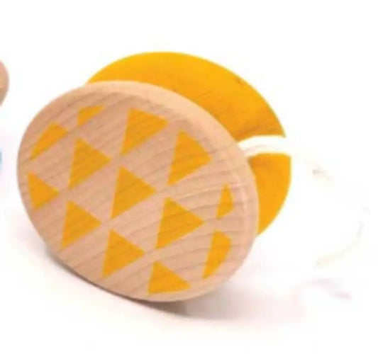 The Wooden Yo-Yo Yellow features a beechwood design with small yellow triangles on its side, shown against a white background—ideal for encouraging screen-free play.