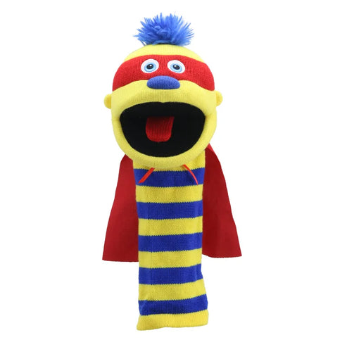 The Puppet Company Sockette Zap is a vibrant puppet with striking yellow and blue stripes, a red mouth, red nose, blue eyes, and a tuft of blue hair on top. It features a red cape on its back for a superhero look. Additionally, this mouth-moving puppet includes a fun squeaker in the tongue for added entertainment!