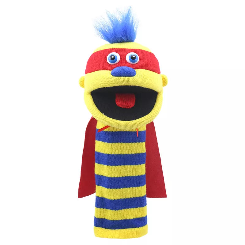 A yellow and blue stuffed animal with a cape, perfect for playtime with The Puppet Company Sockette Zap and its engaging squeaker toy.