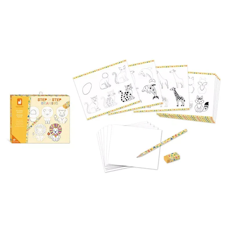 A Janod Step By Step Drawing 20 Models Animals is displayed, featuring a yellow box with illustrated animal designs. Perfect for kids aged 7 to 10 years, the kit includes step-by-step templates for learning to draw animals. Blank sheets of paper, a pencil, and an eraser with matching animal patterns are also included.