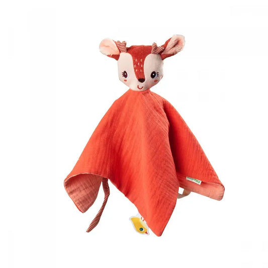 A Lilliputiens Stella the Fawn Comforter featuring a deer head with embroidered eyes and a friendly smile. The toy is primarily red with soft, textured fabric. It has a square cloth body and striped antlers, making it suitable as a cuddly companion for children. Additionally, it's machine-washable for easy care.