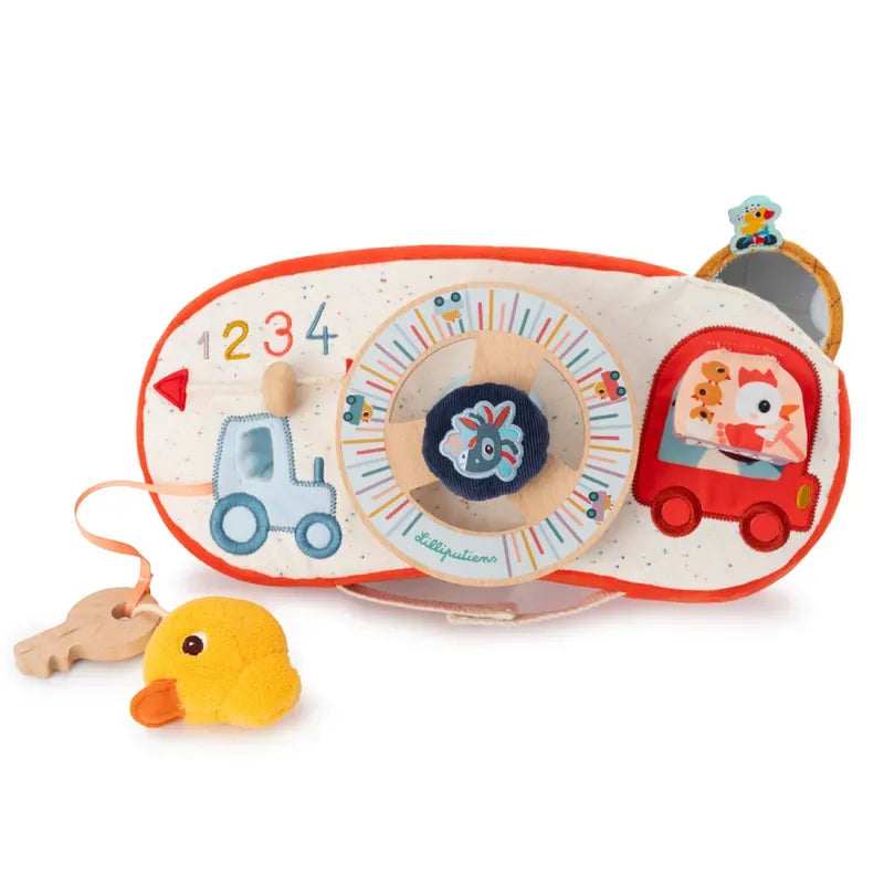 A soft, colorful baby toy perfect for car journeys, featuring interactive elements. It includes numbers 1 through 4, an owl and truck design, a fluffy yellow duck on a string, and various textures to explore. This Lilliputiens Farm Car Activity Panel is primarily red, blue, and yellow with whimsical illustrations.