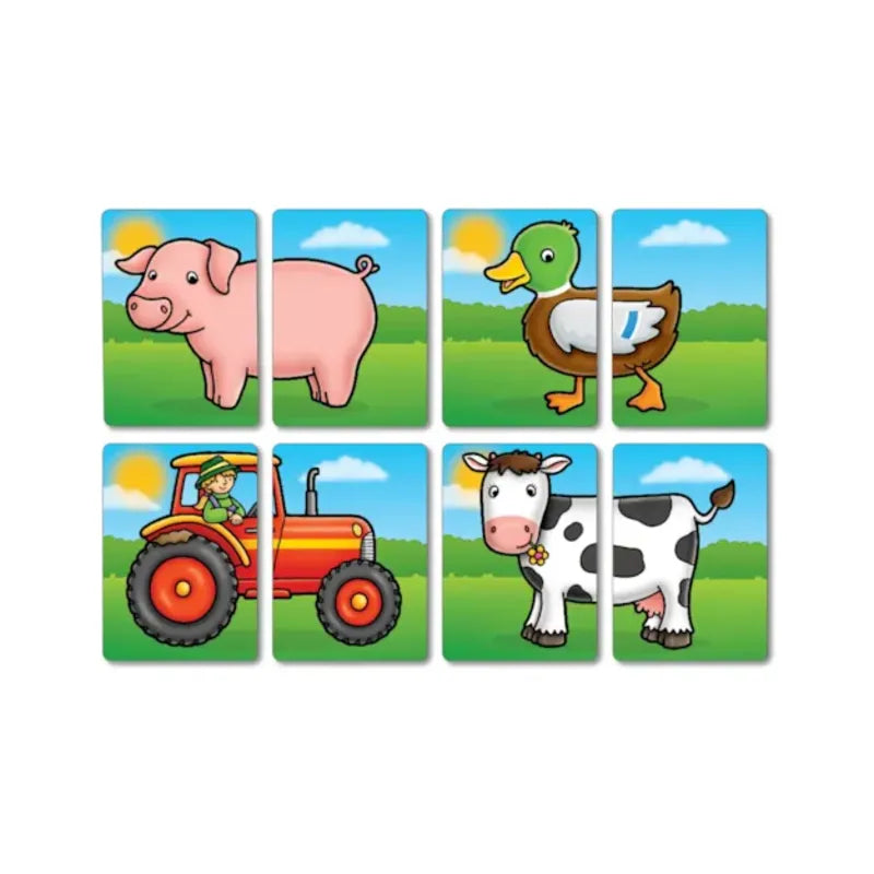 A set of eight illustrated puzzle pieces from Orchard Toys Farmyard Heads & Tails, showcasing a pig, a duck, and a child on a red tractor alongside a cow in a grassy field beneath a blue sky with the sun shining.