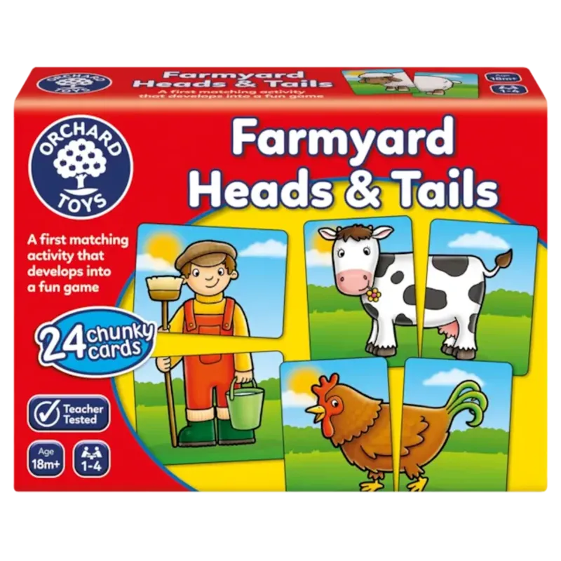 Orchard Toys Farmyard Heads & Tails comes in a box featuring vibrant illustrations of a farmer, cow, and chicken on colorful square cards. The text highlights it as "A first matching activity that develops into a fun game" and includes "24 chunky cards" suitable for ages 18 months and up, accommodating 1-4 players.